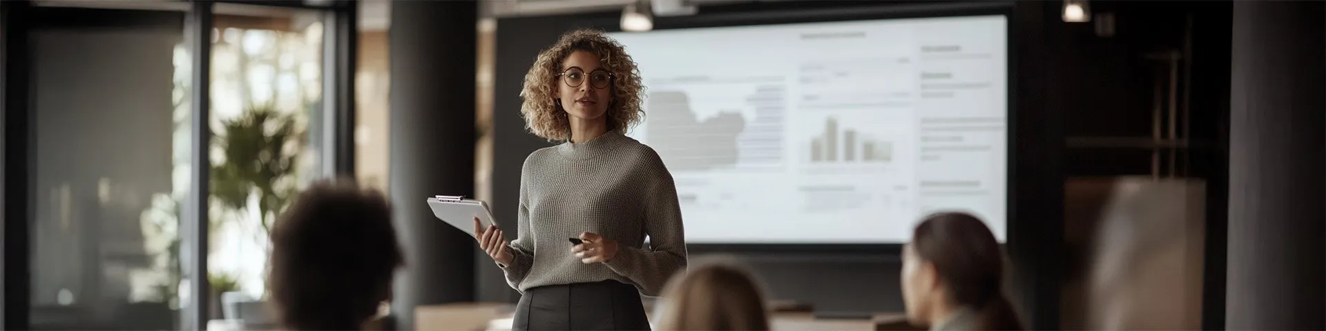 Professionals engaged in a corporate training session led by a trainer in a modern office